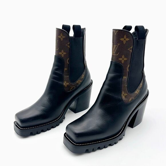 LOUIS VUITTON Limitless Chelsea Boot Size 37 US 7 Black Calfskin Monogram Heel - Picture 12 of 12